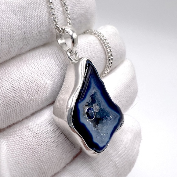 Genuine Blue Agate .925 Sterling Silver Necklace - Picture 9 of 16